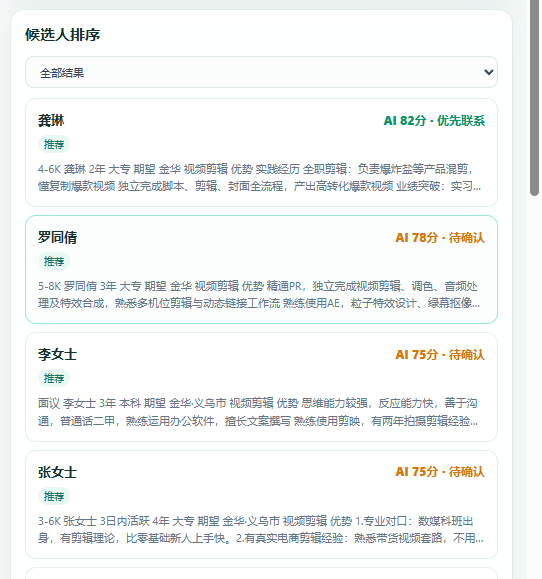 BOSS 智能筛选助手 候选人按联系优先级排列界面